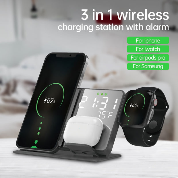 3 in 1 Wireless Charger For iPhone 13 12 11 Pro Max XS XR 15W, Fast Charging Dock Station Desktop LED Digital Alarm Clock